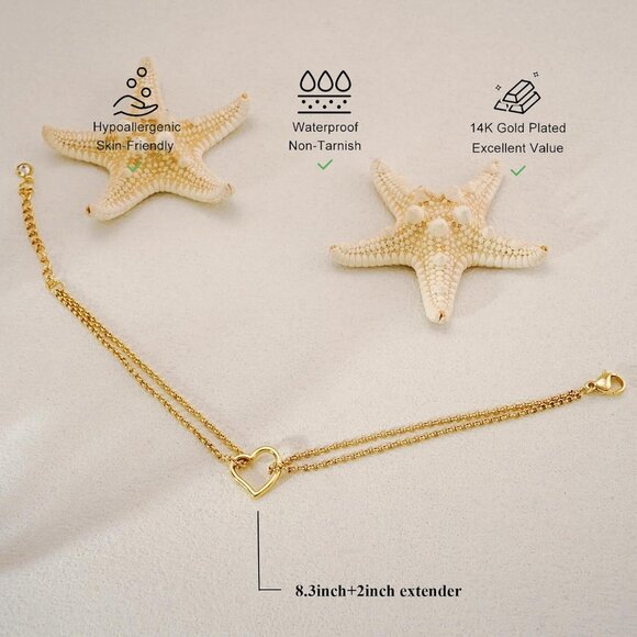 Trendy 14K Gold Plated Love Heart Link Chain Ring Bracelet Hand Chain for Women - Picture 6 of 7